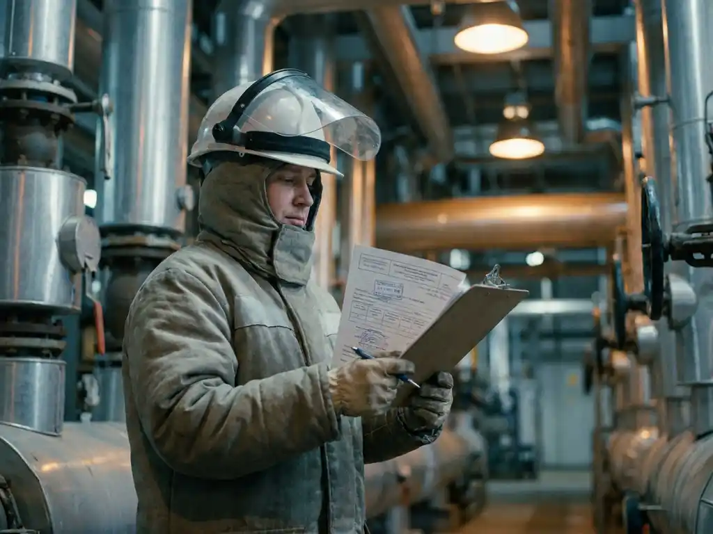 Procesoperator in beschermende uitrusting controleert certificeringsdocumenten op klembord naast industriële leidingen en drukkleppen in chemische fabriek.