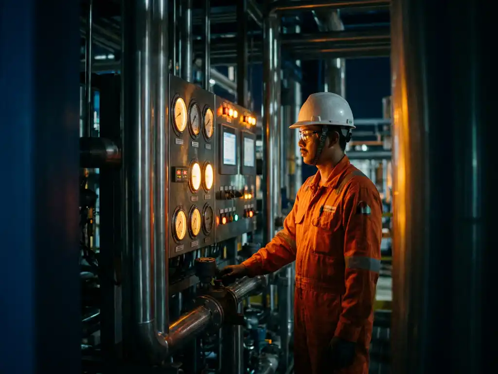 Procesoperator in witte veiligheidshelm en vlamvertragende overall bij verlichte controlepanelen in een chemische installatie.