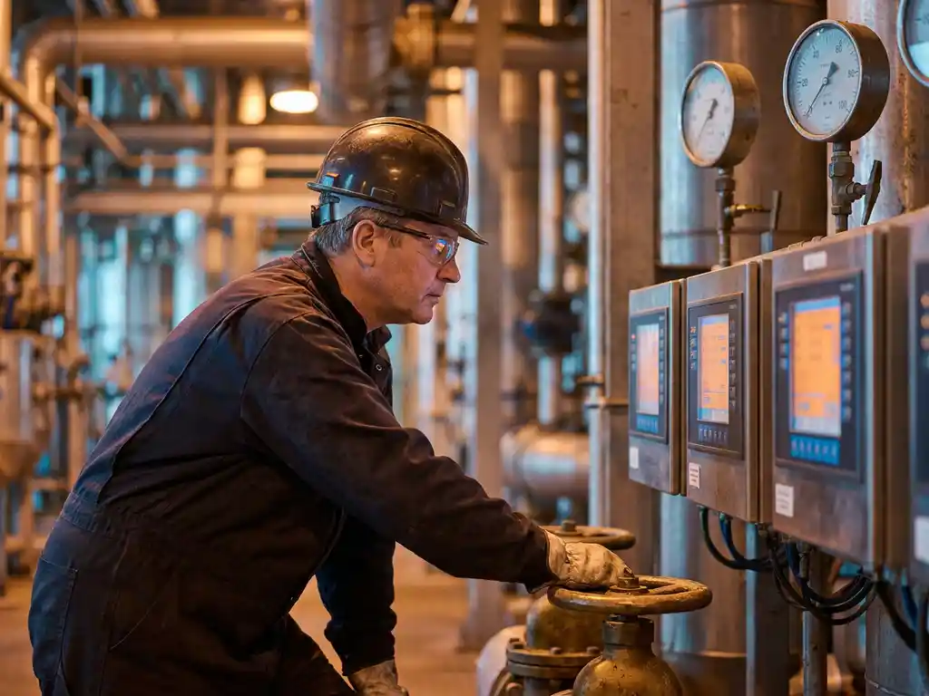 Procesoperator in beschermende werkkleding bij verlichte controlepanelen in een chemische fabriek, met drukmeter en ventielen op de achtergrond.