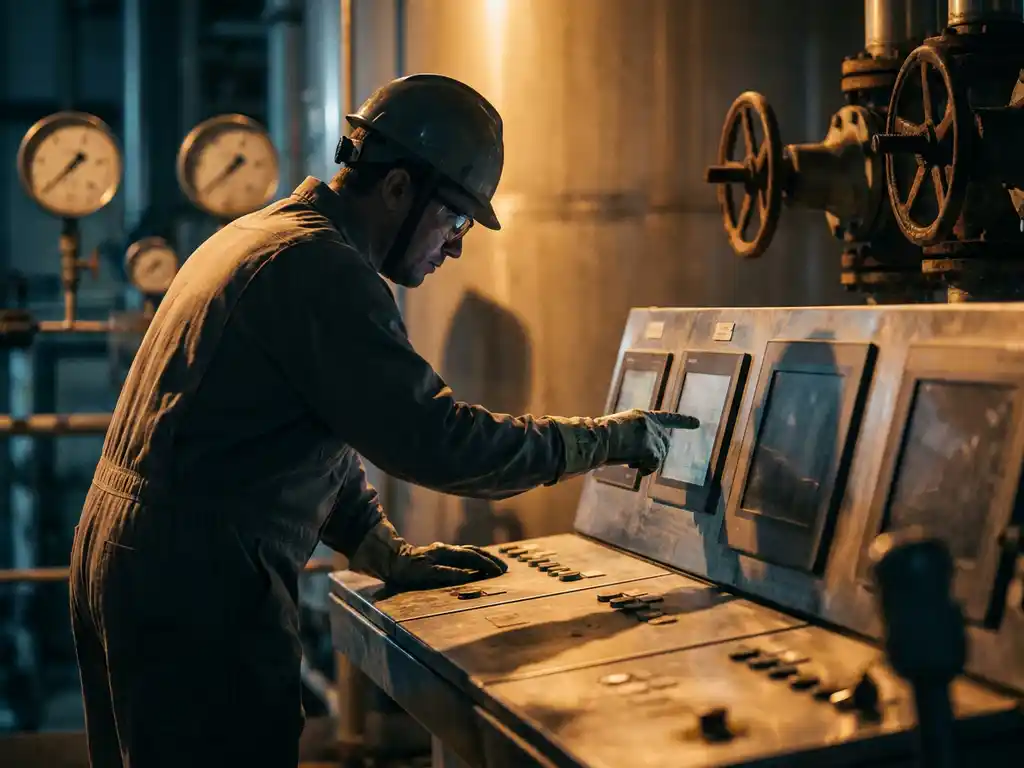 Procesoperator in beschermende werkkleding bij verlichte controlepanelen in een chemische fabriek, analoge manometers en kleppen op achtergrond.
