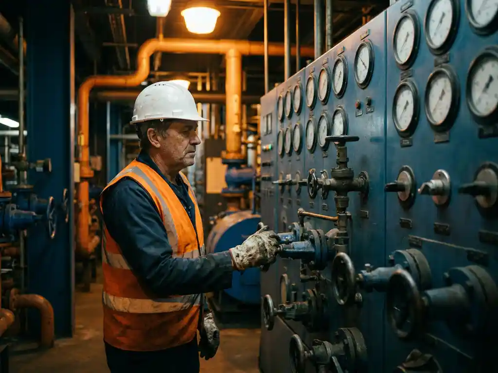 Procesoperator met helm en veiligheidsvest bij industriële bedieningspanelen met manometers en kleppen in een chemische fabriek.