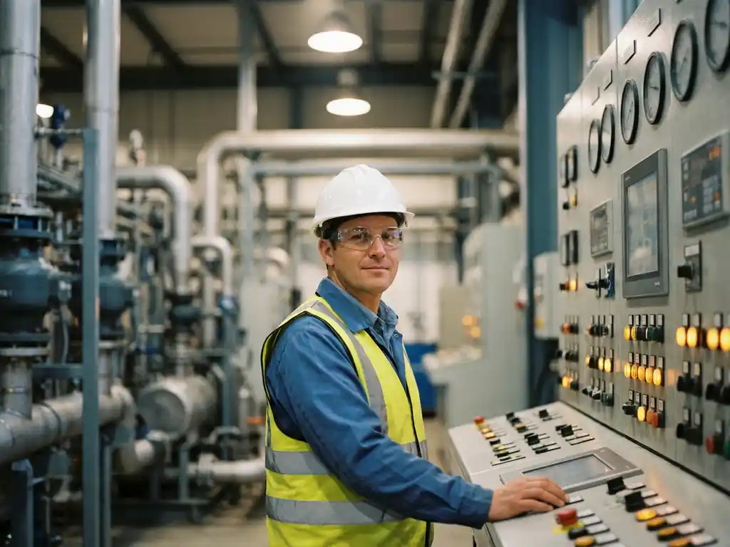 Procesoperator met witte helm en veiligheidsvest bij controlepaneel in moderne chemische installatie, omgeven door stalen leidingen.