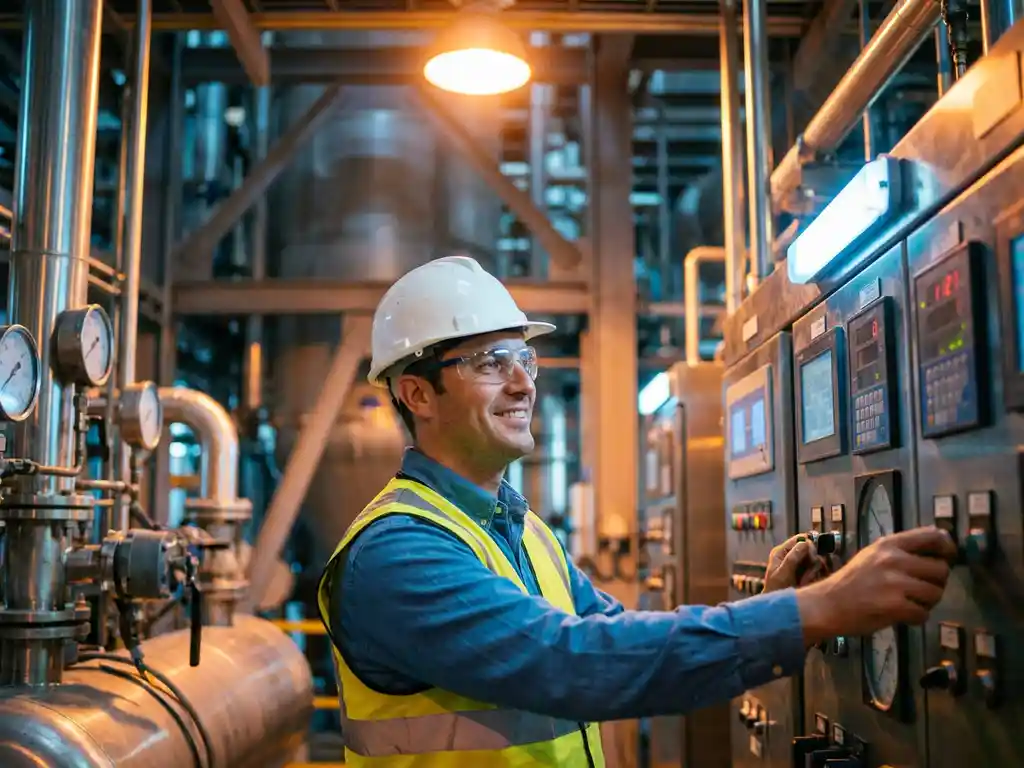 Procesoperator met witte helm en veiligheidsvest bewaakt controlepanelen in een chemische fabriek met stalen buizen en drukmeter.