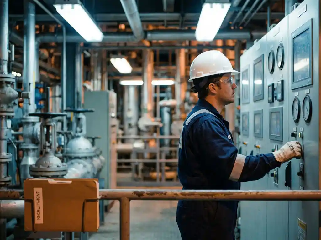 Procesoperator in witte helm en veiligheidsoverall bij industrieel controlepaneel in chemische fabriek, meters en kleppen op achtergrond.