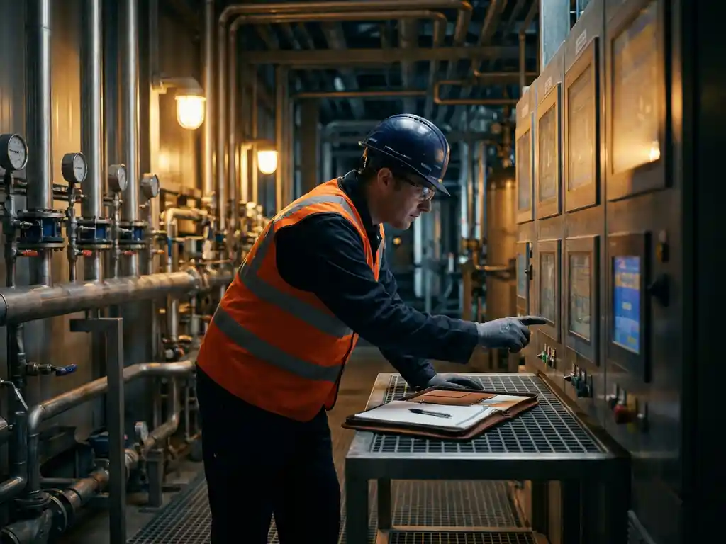 Procesoperator met helm en veiligheidsvest bij verlichte bedieningspanelen in chemische fabriek, recruitmentportfolio op nabijgelegen oppervlak.