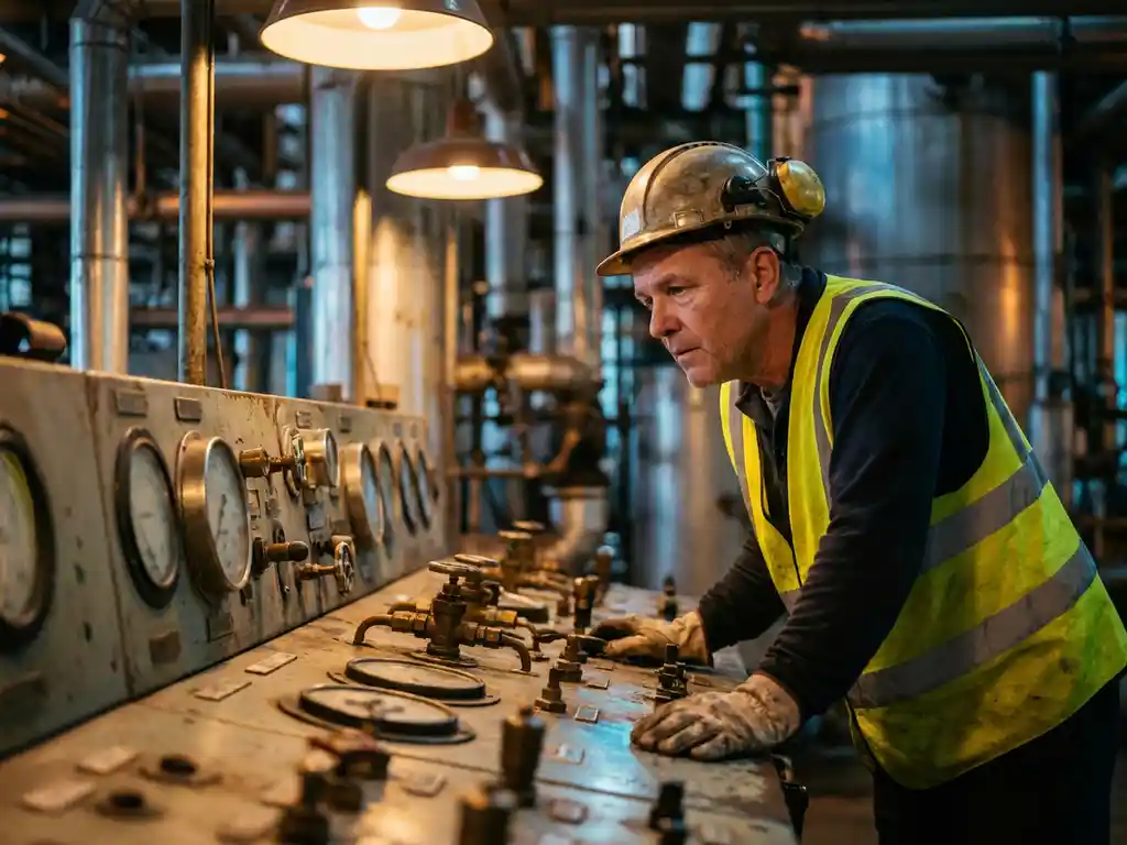 Procesoperator met helm en veiligheidsvest analyseert industrieel controlepaneel met manometers en kleppen in een raffinaderij.