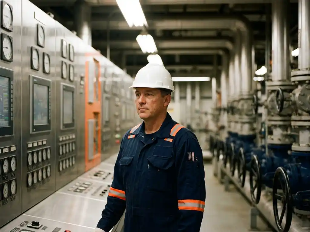 Procesoperator in witte helm en vlamvertragende overall bij analoge controlepanelen in een petrochemische installatie.
