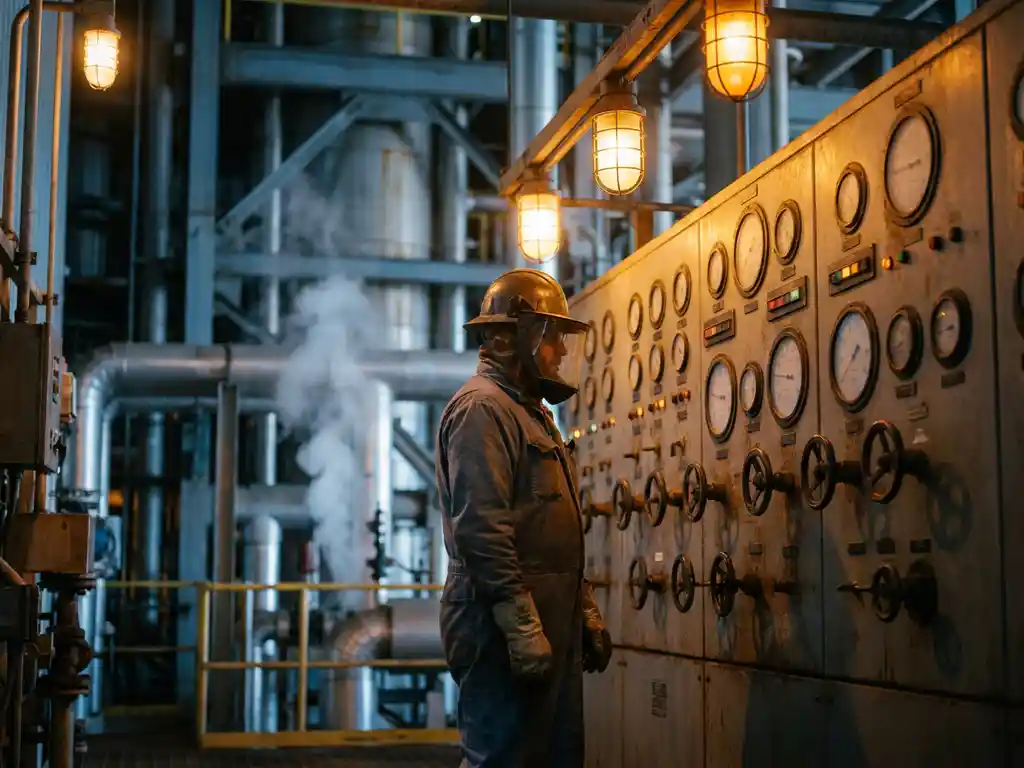 Procesoperator in beschermende uitrusting bij analoge controlepanelen in een petrochemische installatie, met stoom en amberkleurig veiligheidslicht.