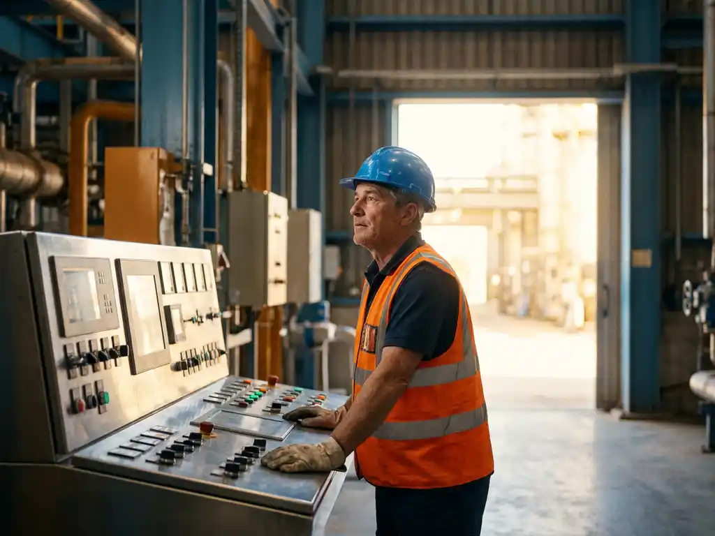 Procesoperator met helm en veiligheidsvest bij industrieel bedieningspaneel in raffinaderij, blik gericht op verlichte doorgang.