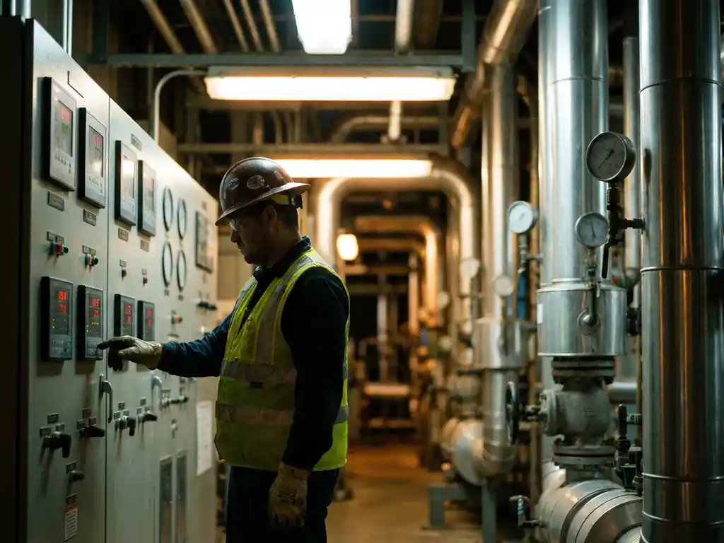 Procesoperator met helm en veiligheidsvest bewaakt controlepanelen in een raffinaderij, omringd door stalen leidingen en manometers.