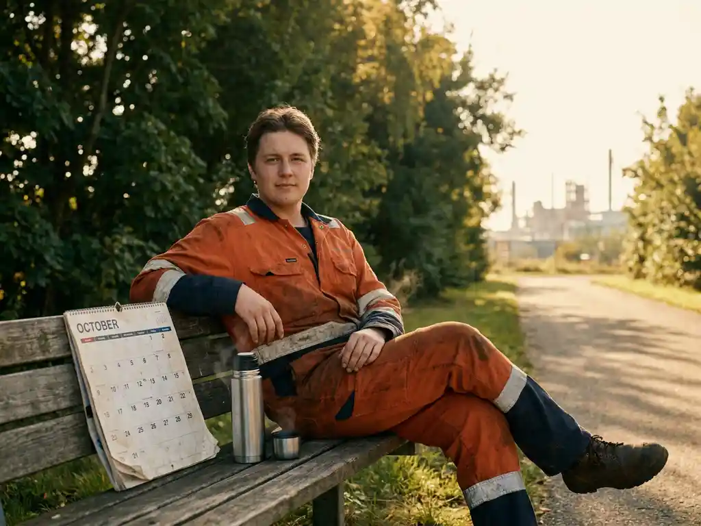 Procesoperator in oranje vlamvertragende overall rust op een zonnige bank met thermos en kalender, industriële faciliteit op de achtergrond.