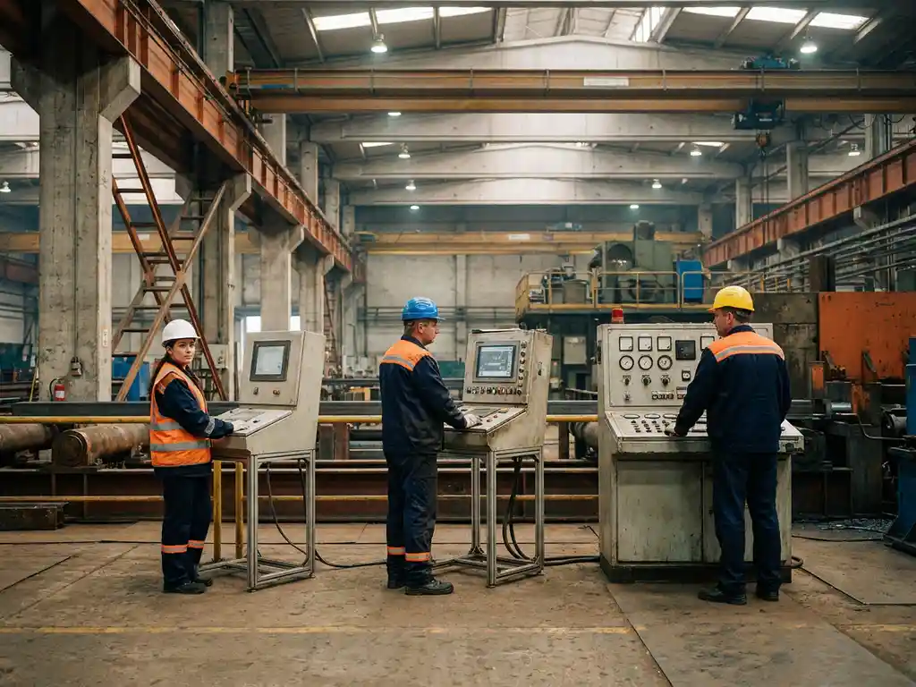 Drie industriële operators met witte, blauwe en gele helmen bij controlepanelen op een fabriekshal vloer.