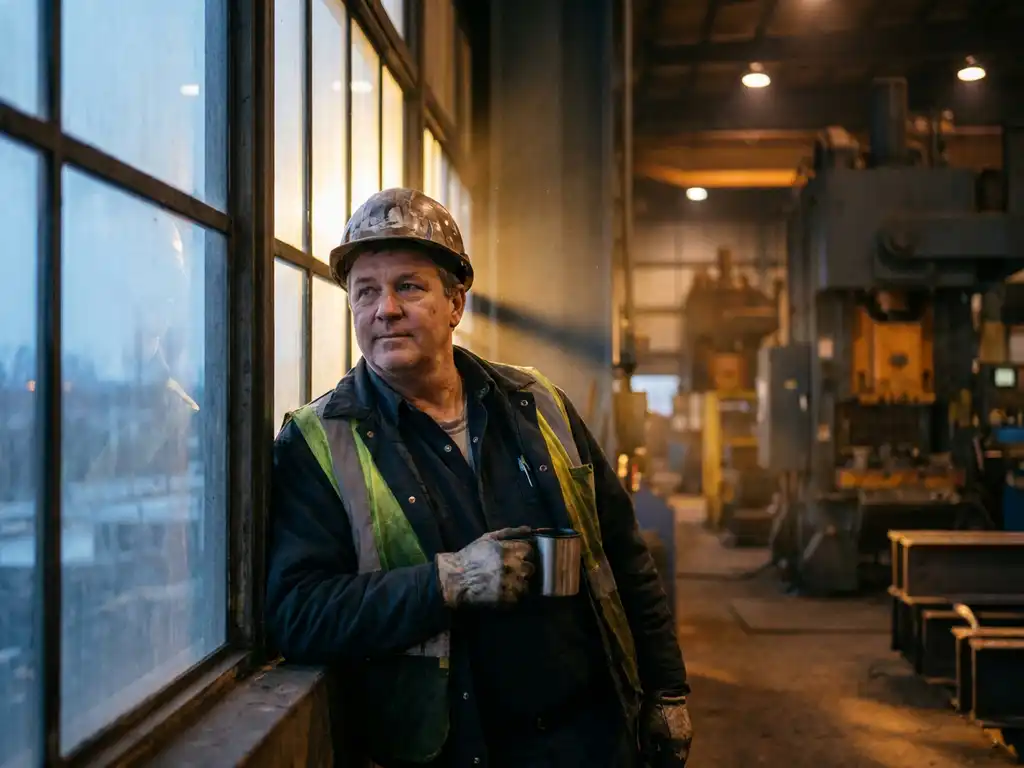Fabrieksmedewerker met helm en veiligheidsvest bij raam, warm goudkleurig ochtendlicht naast koelblauw schemerlicht, machines op achtergrond.