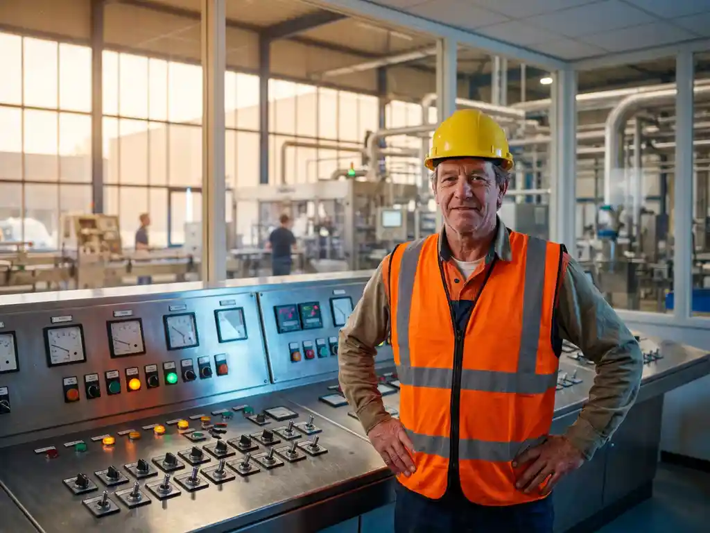 Procesoperator met helm en veiligheidsvest bij industrieel bedieningspaneel in moderne Nederlandse productiefaciliteit.