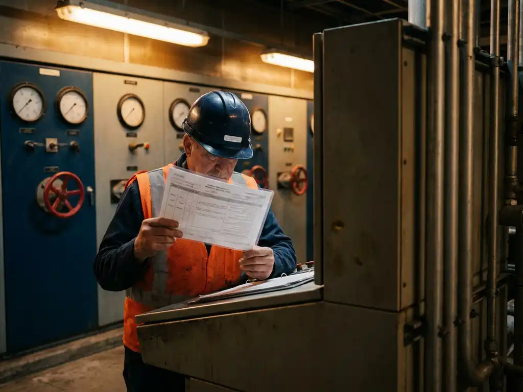 Procesoperator met helm en veiligheidsvest bestudeert certificeringsdocument bij industriële controlepanelen met manometers.