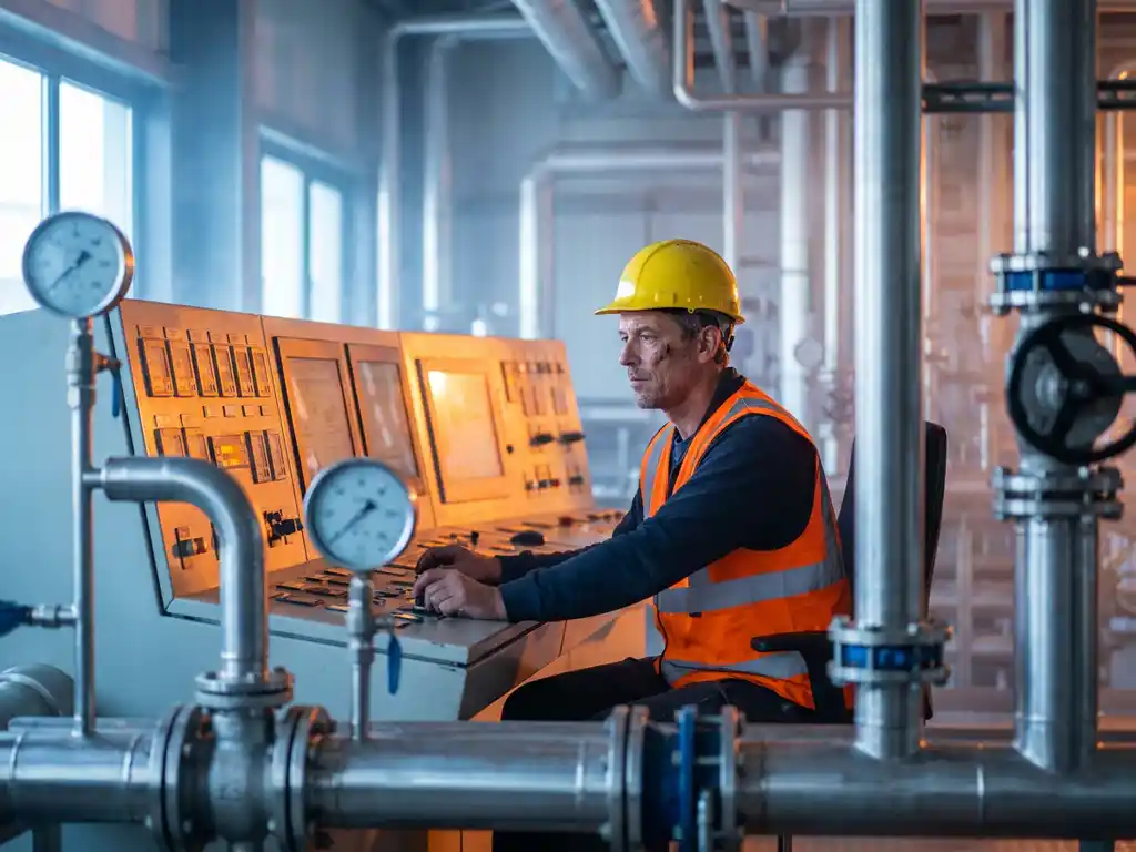 Procesoperator met helm en veiligheidsvest bij industriële bedieningspanelen in Nederlandse chemische fabriek, omgeven door stalen leidingen en manometers.