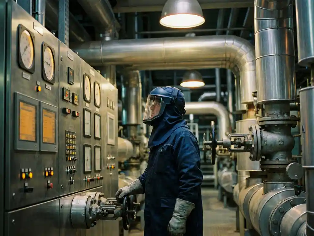 Procesoperator in beschermende uitrusting bij industriële controlepanelen en manometers in een Nederlandse chemische fabriek.