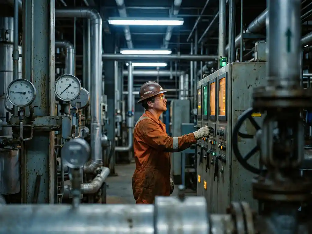Procesoperator in beschermende uitrusting bij verlichte bedieningspanelen in een raffinaderij, omgeven door buizen en drukmeter
