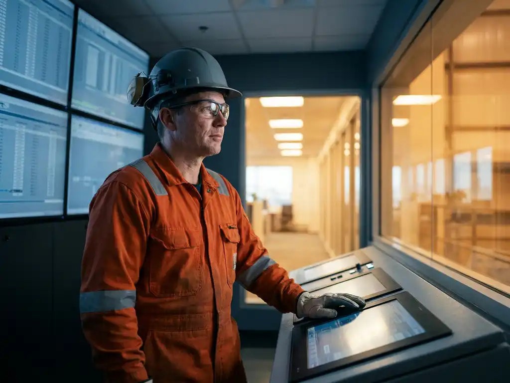 Procesoperator in industriële werkkleding bij monitoringpaneel in controlekamer, blik gericht op verlichte glazen kantoorgang.