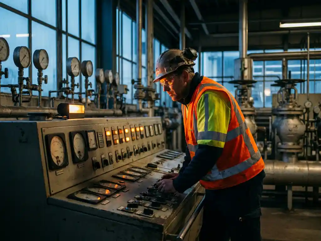 Procesoperator met helm en veiligheidsvest bij industrieel controlepaneel in Nederlandse raffinaderij, meters en kleppen op achtergrond.