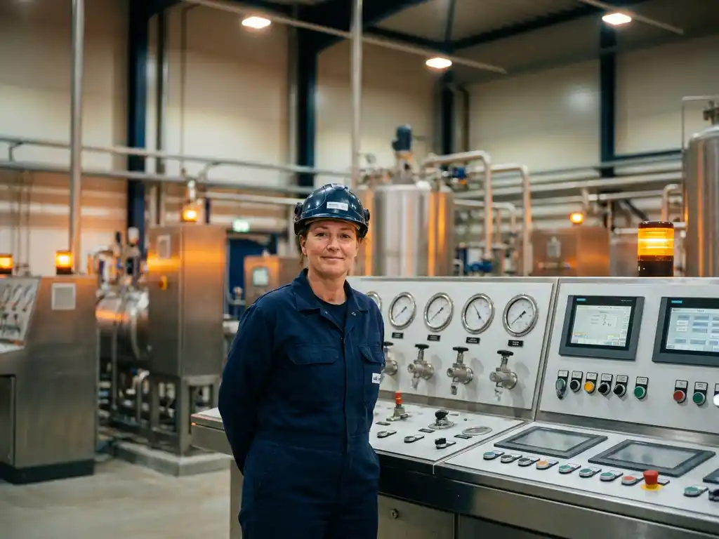 Procesoperator bij controlepaneel met meters en kleppen in moderne Nederlandse verwerkingsfaciliteit, warm industrieel licht.
