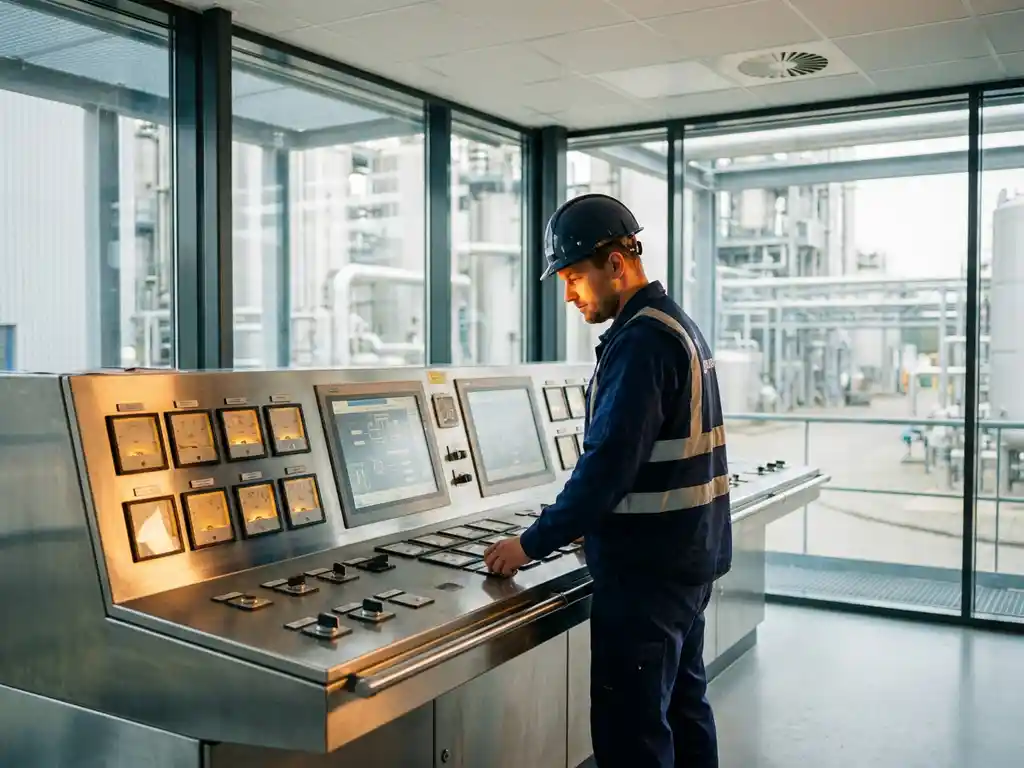 Procesoperator in blauw bedrijfsuniform bij controlepaneel met analoge meters en digitale schermen in Nederlandse industriële faciliteit.
