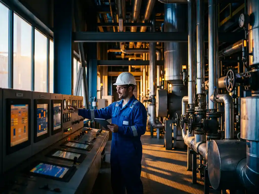 Procesoperator met witte veiligheidshelm bij verlichte controlepanelen in een raffinaderij, omgeven door stalen leidingen en industriële apparatuur.