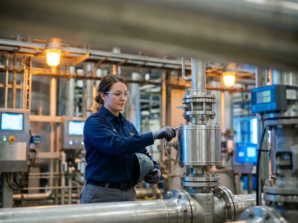 Procesoperator in werkkleding die kleppenbediening instelt op roestvrijstalen pijpleidingsysteem in moderne chemische fabriek.
