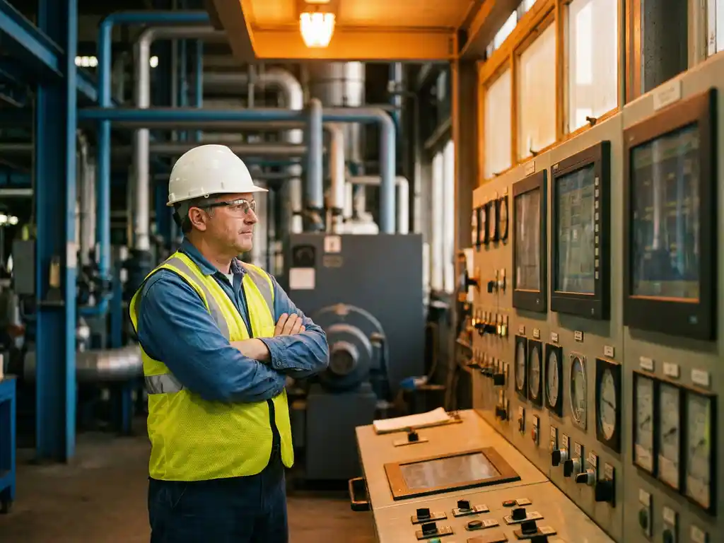 Procesoperator met helm en veiligheidsvest bij industrieel controlepaneel in raffinaderij, omgeven door leidingen en meters.