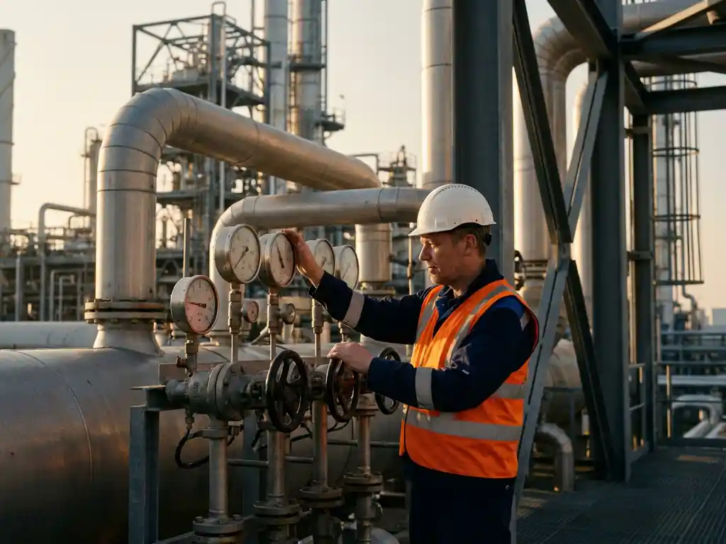 Procesoperator met witte helm en veiligheidsvest inspecteert industriële pijpleidingen en manometers in Rotterdam petrochemische installatie bij avondlicht.