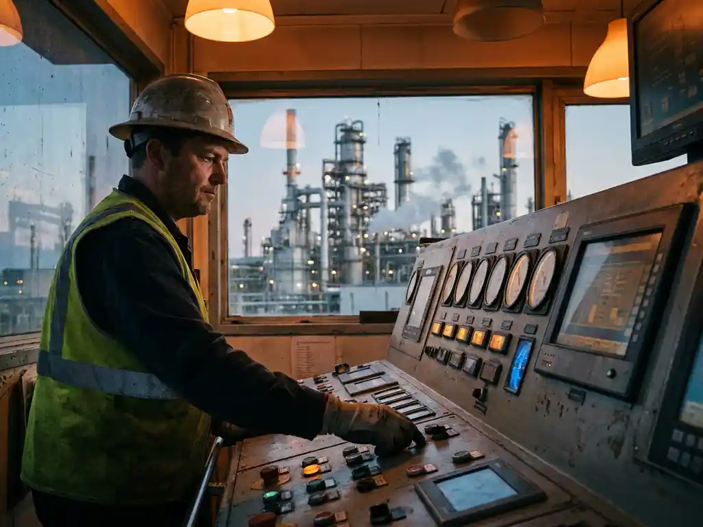 Operator met helm en veiligheidsvest bij industrieel controlepaneel, raffinaderij zichtbaar op achtergrond, warm industrieel licht.