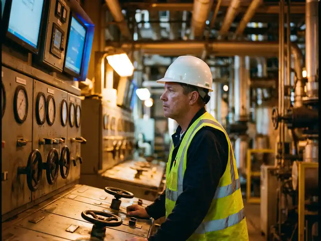 Procesoperator met witte helm en veiligheidsvest bij analoge meetinstrumenten en kleppanelen in een raffinaderij.