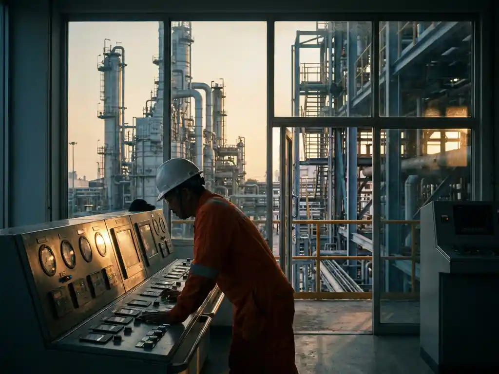 Procesoperator in witte helm en vlamvertragende overall bij controlepanelen in een petrochemische raffinaderij met destillatiekolommen op de achtergrond.