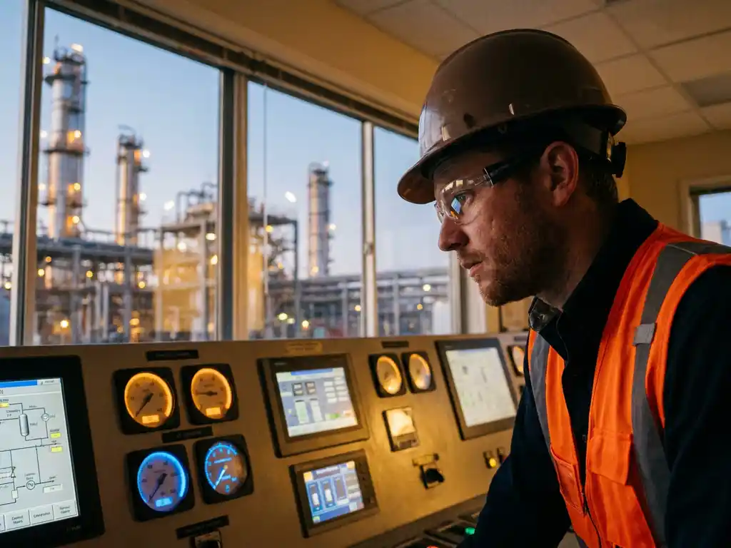Procesoperator met helm en veiligheidsvest bestudeert industrieel controlepaneel met meters en kleppen, raffinaderij zichtbaar op achtergrond.