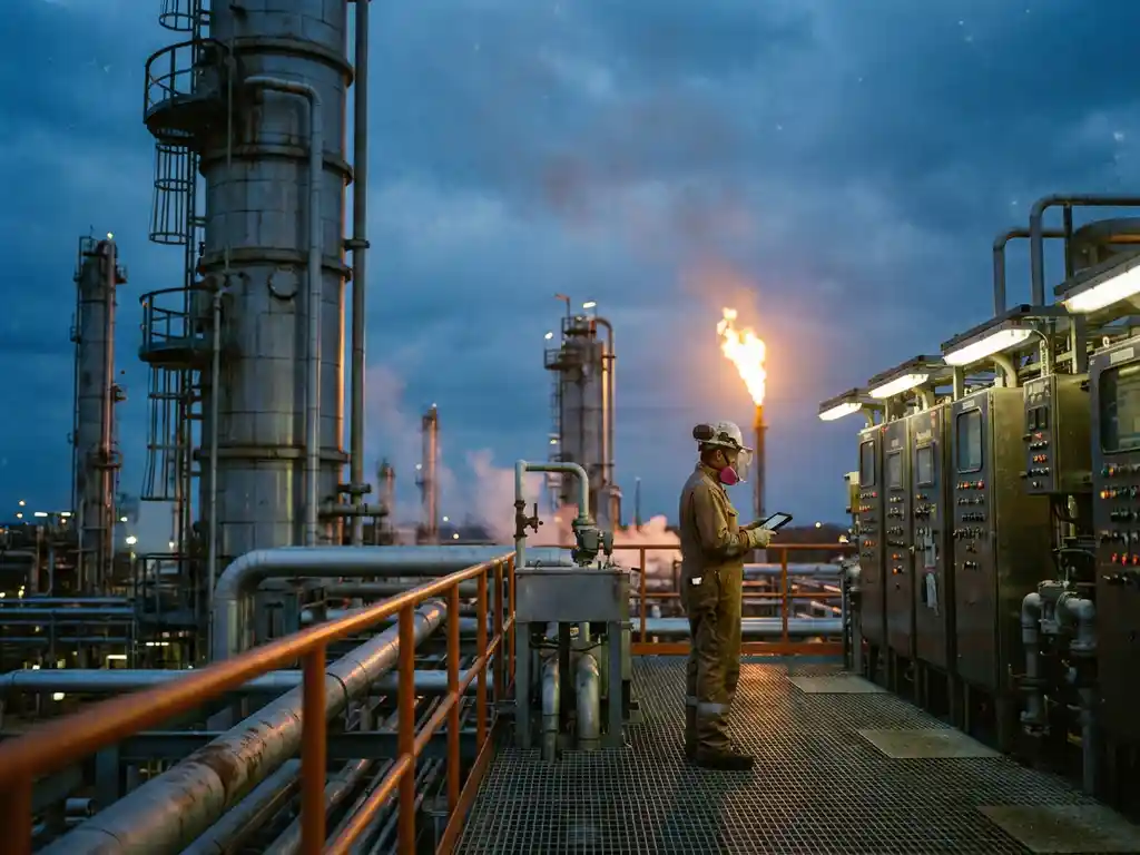 Procesoperator in beschermende uitrusting bij petrochemische raffinaderij met destillatiekolommen en pijpleidingen in amberkleurig fakkellicht.
