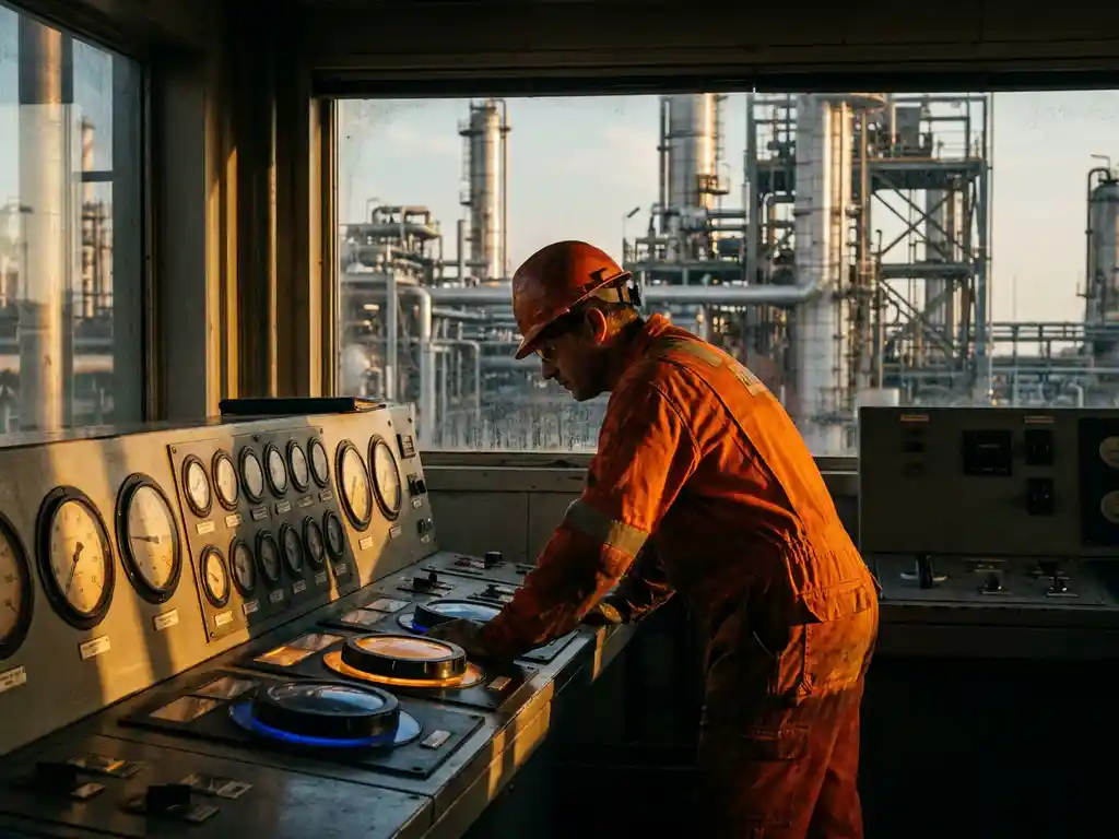 Procesoperator in vlamvertragende overall bewaakt drukmeter en analoge bedieningspanelen in raffinaderij controlekamer.