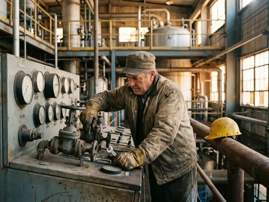 Technicus met werkhandschoenen bestudeert analoge meetinstrumenten op een industrieel bedieningspaneel in een grote verwerkingsfabriek.