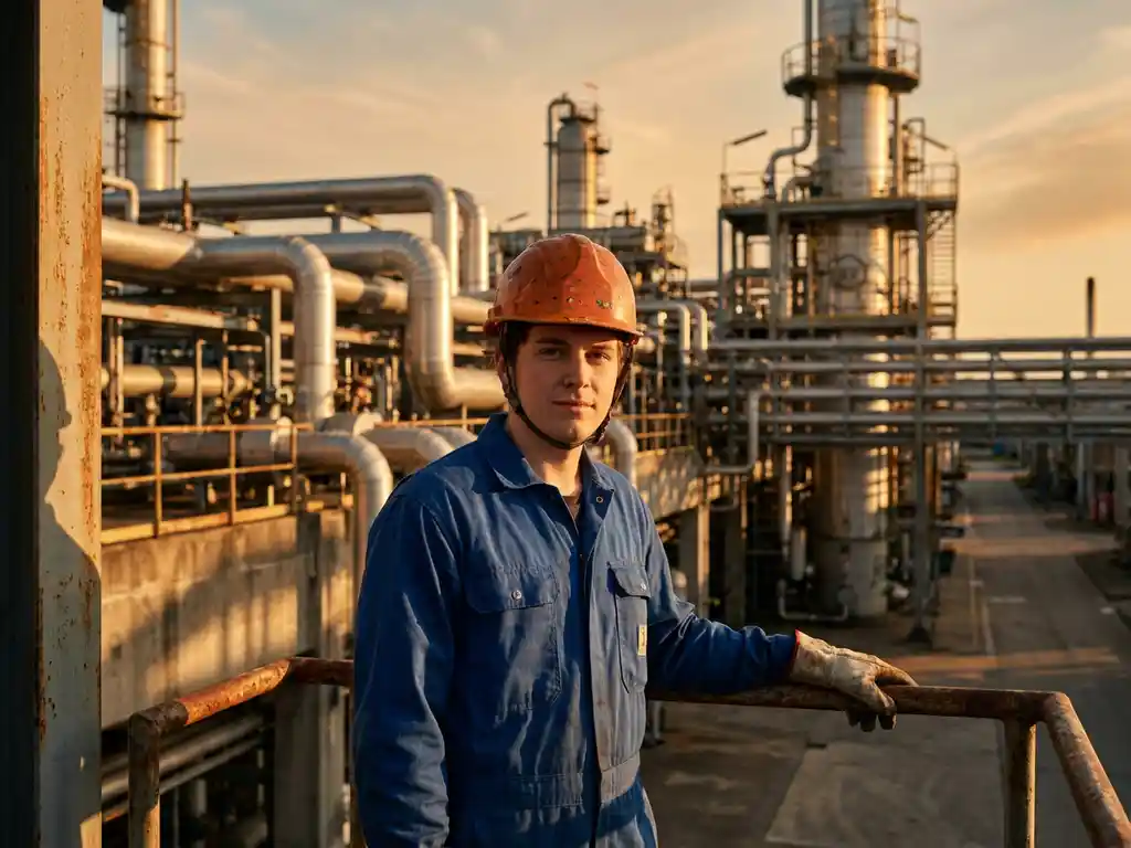 Jonge medewerker in veiligheidshelm en overall bij ingang van chemische fabriek, met pijpleidingen en torens op de achtergrond tijdens het gouden uur.