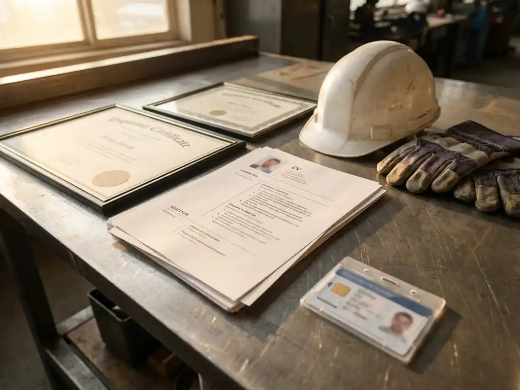 CV, diploma's en identiteitskaart op stalen ondergrond naast veiligheidshelm en werkhandschoenen, warm licht.