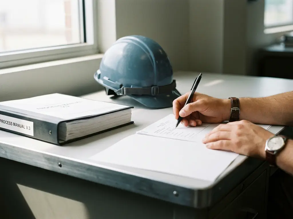 Professional hand schrijft op wit document aan industrieel bureau, met veiligheidshelm en technische handleiding op de achtergrond.