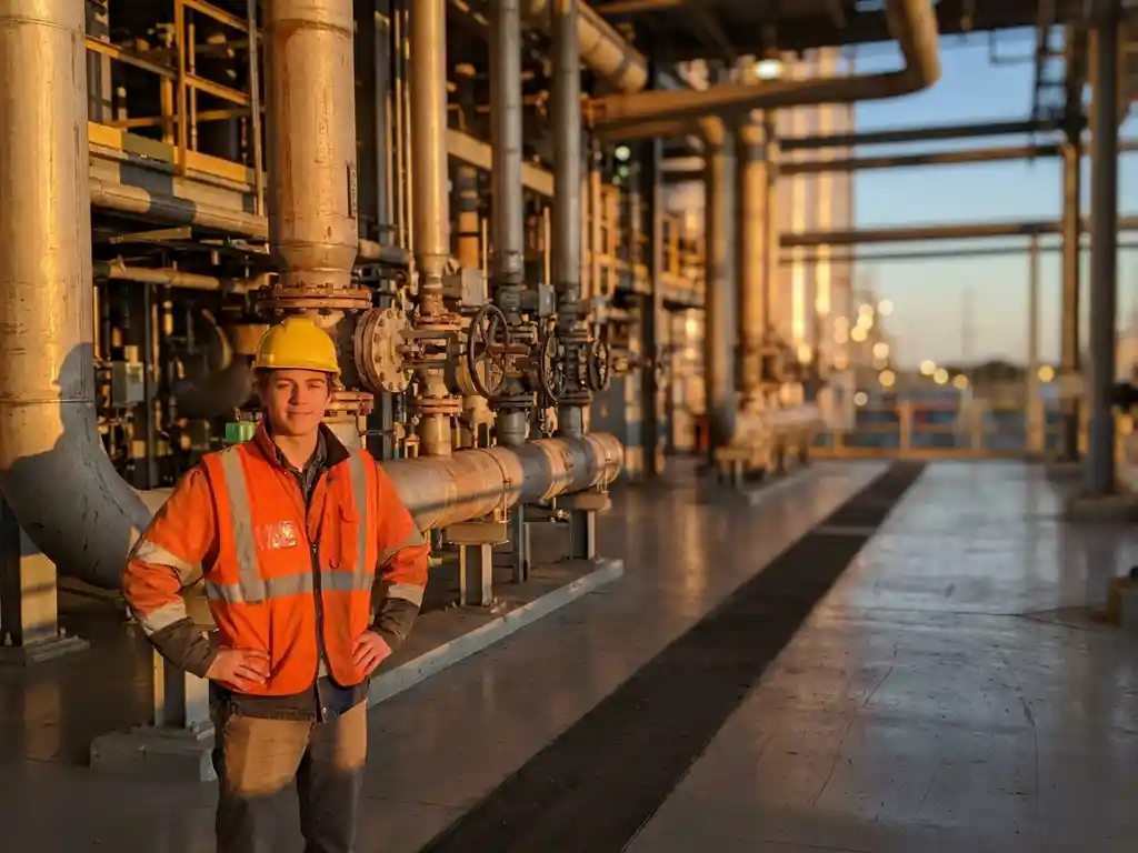 Jonge professional in veiligheidsvest en helm bij industriële verwerkingsinstallatie met stalen leidingen en regelkleppen op de achtergrond.